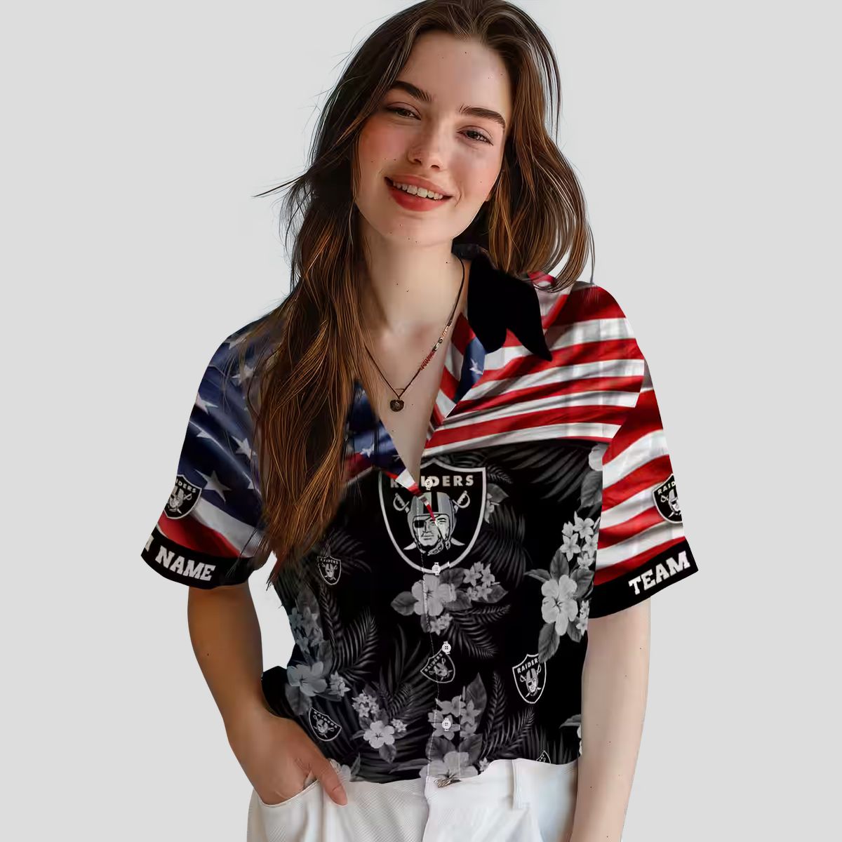 Custom Las Vegas Raiders Aloha Hawaiian Shirt - US Flag & Hibiscus Floral Design