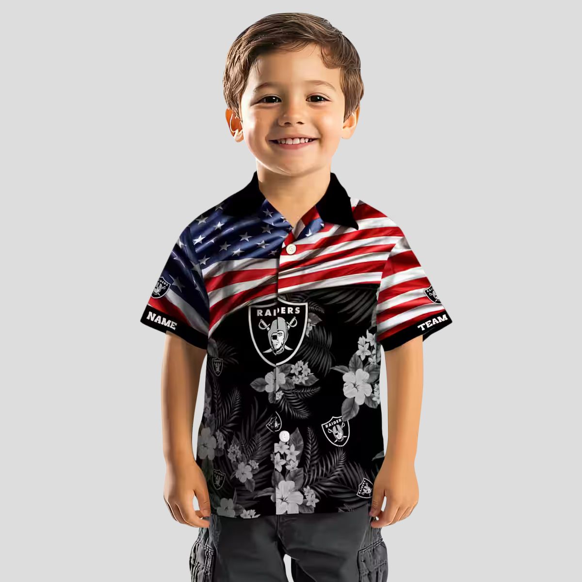 Custom Las Vegas Raiders Aloha Hawaiian Shirt - US Flag & Hibiscus Floral Design