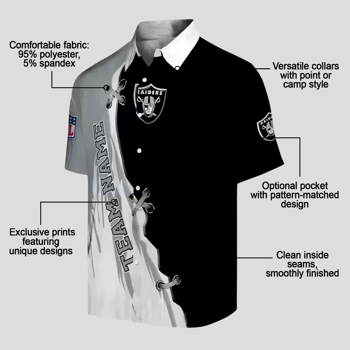 Custom NFL Team Raiders Hawaiian Shirt, Edgy Black & White Aloha Football Gear