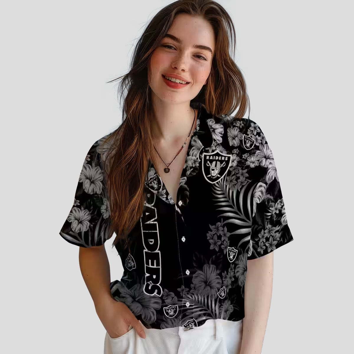 Las Vegas Raiders Black Hibiscus Hawaiian Shirt - Best Gift for NFL Fans