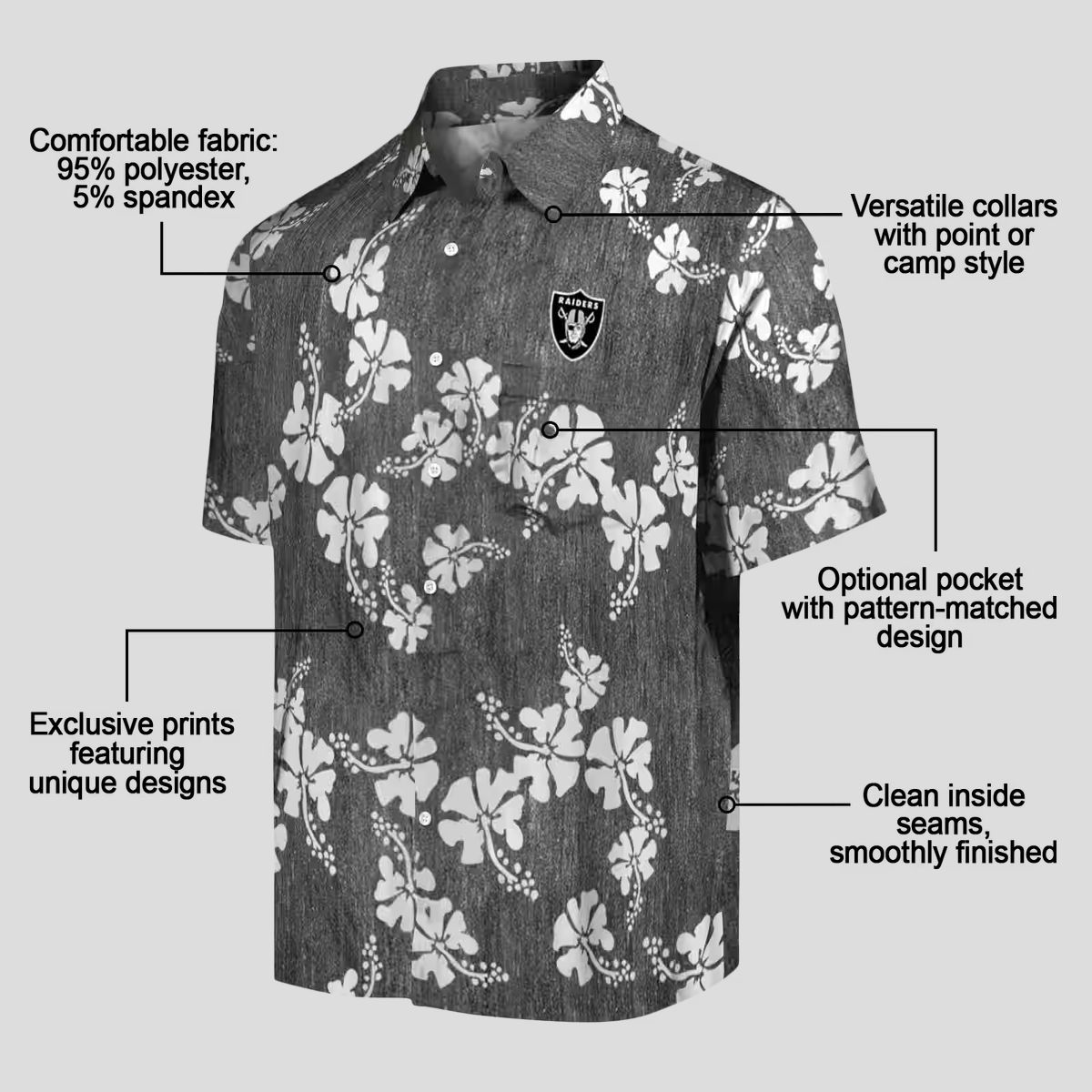 Las Vegas Raiders Hawaiian Shirt, Black Hibiscus Clusters NFL Fan Apparel