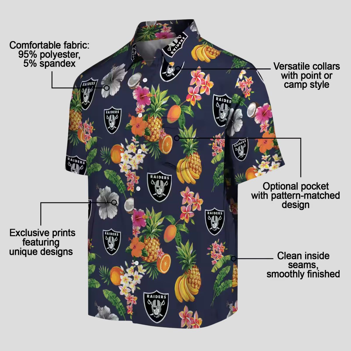 Las Vegas Raiders Navy Blue Hawaiian Shirt, Hibiscus & Tropical Fruit NFL Apparel