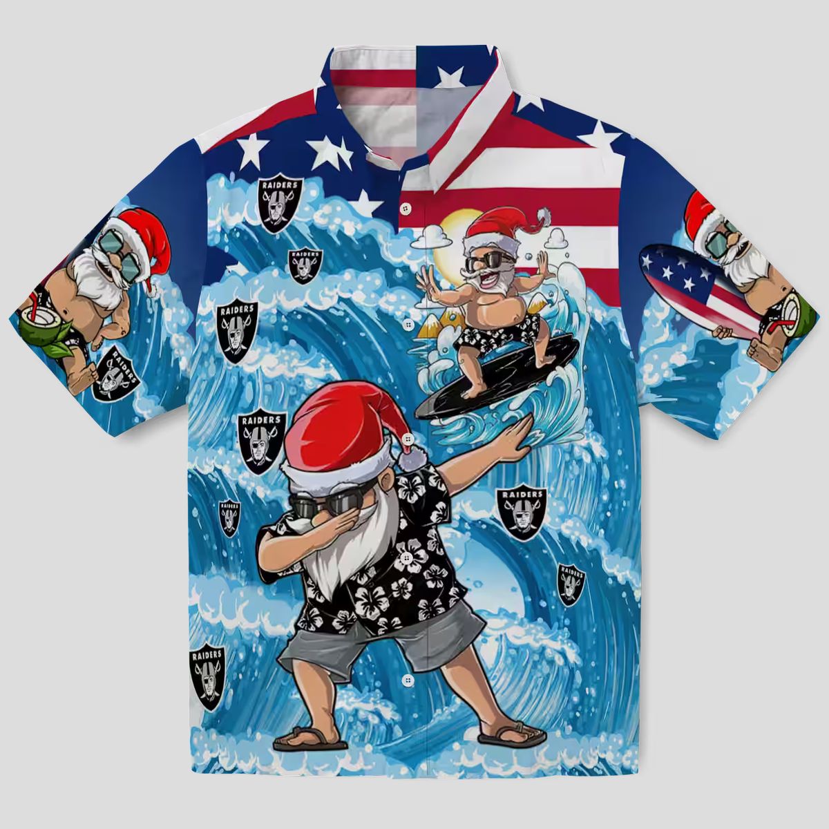 Las Vegas Raiders Surfing Santa Hawaiian Shirt, Summer Vacation Beach Outfit
