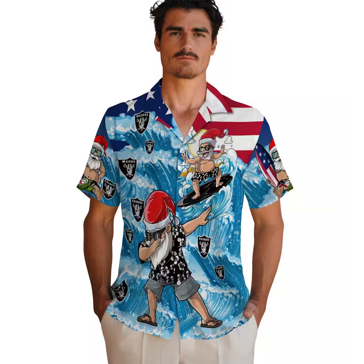 Las Vegas Raiders Surfing Santa Hawaiian Shirt, Summer Vacation Beach Outfit