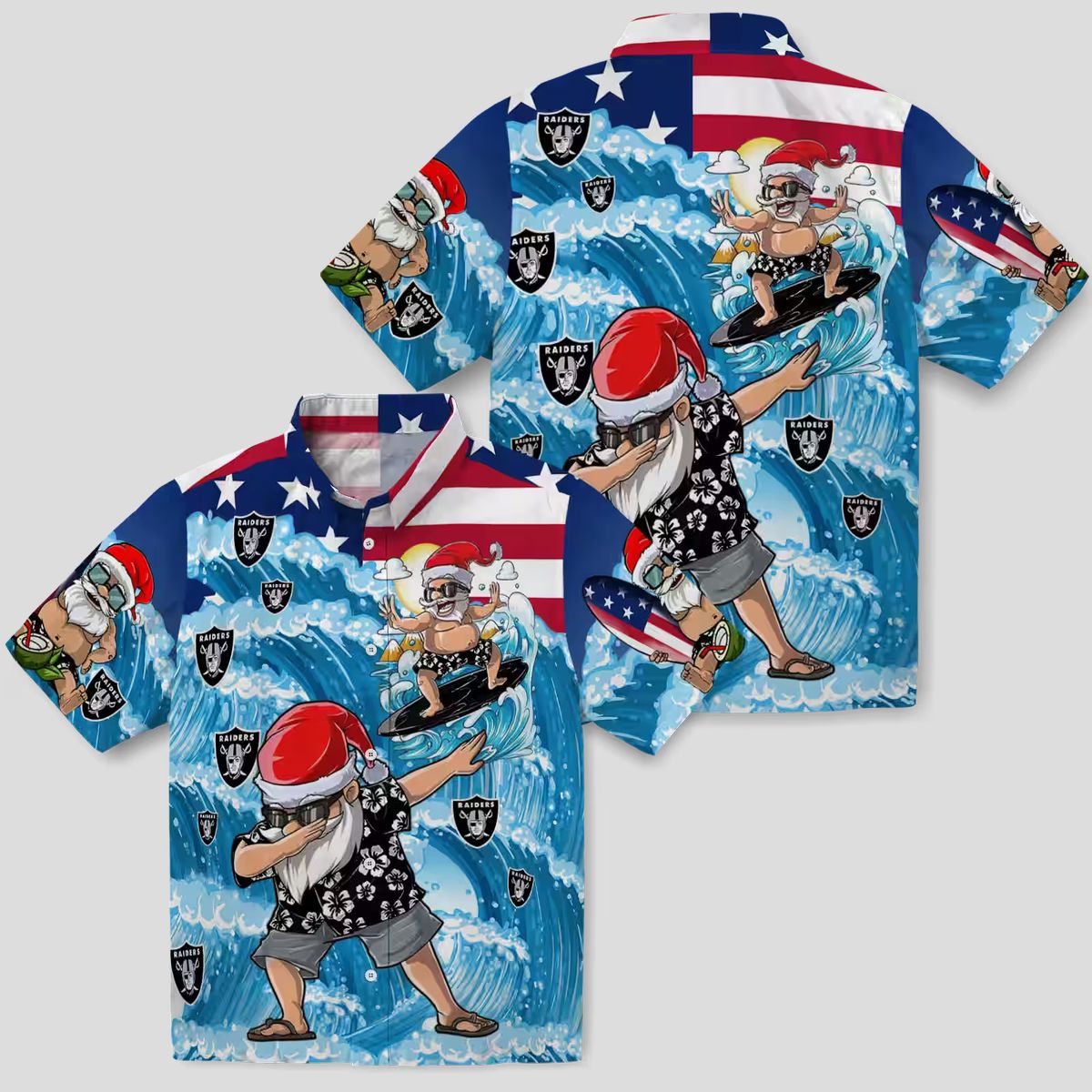 Las Vegas Raiders Surfing Santa Hawaiian Shirt, Summer Vacation Beach Outfit