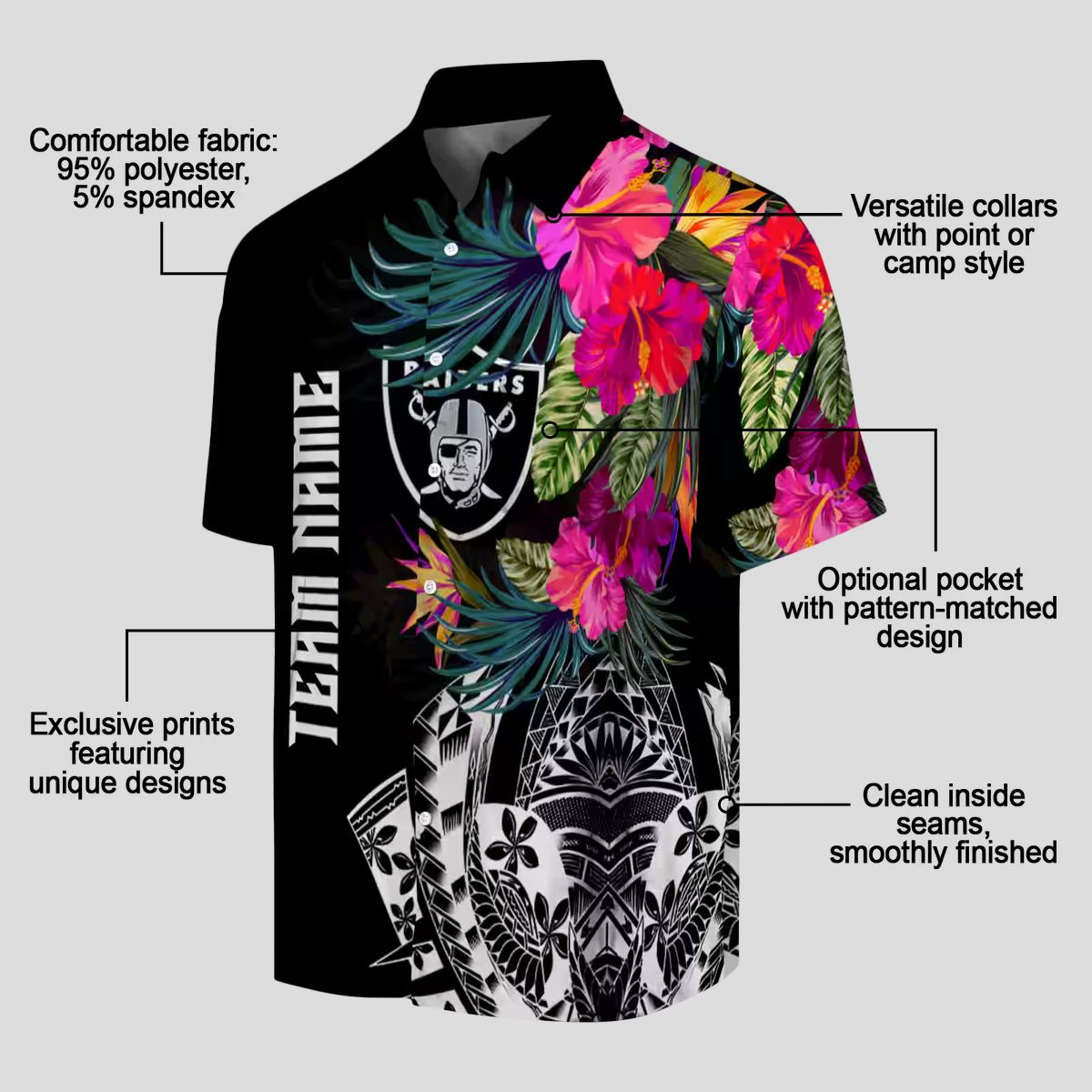 Men's Las Vegas Raiders Hawaiian Shirt, Black Floral Polynesian Football Outfit