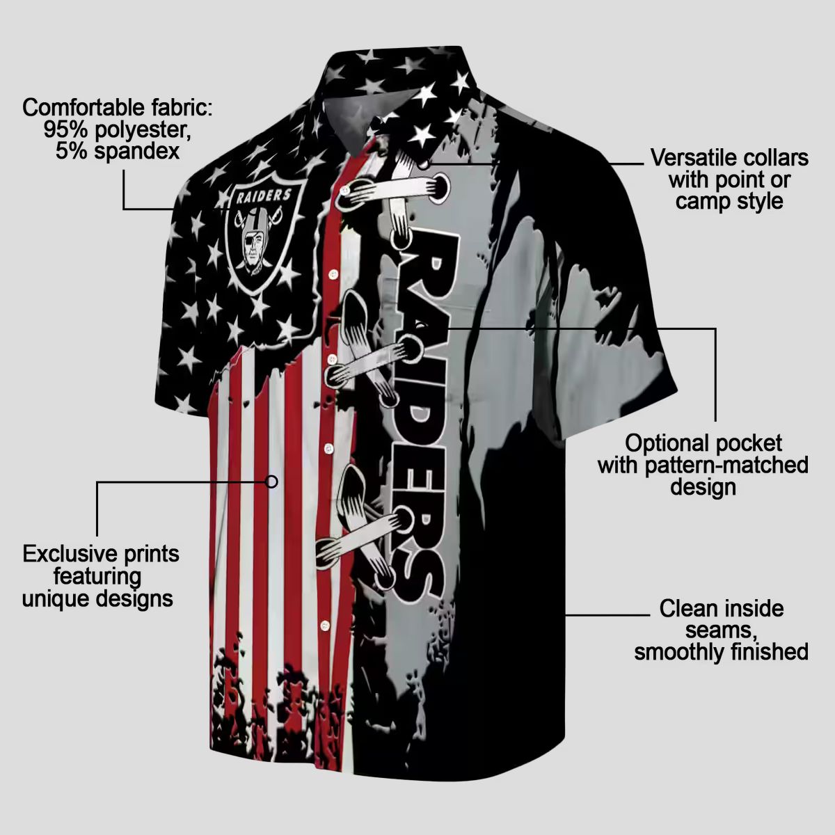 NFL Fans Las Vegas Raiders Black Hawaiian Shirt with Stitched Flag Design for Game Day