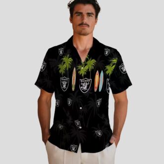 NFL Team Raiders Black Hawaiian Shirt - Palm Tree & Surfboard Print for Game Day