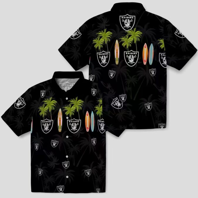 NFL Team Raiders Black Hawaiian Shirt - Palm Tree & Surfboard Print for Game Day