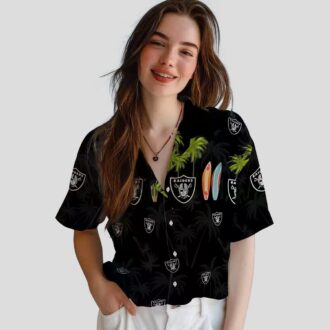 NFL Team Raiders Black Hawaiian Shirt - Palm Tree & Surfboard Print for Game Day