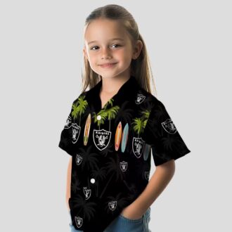 NFL Team Raiders Black Hawaiian Shirt - Palm Tree & Surfboard Print for Game Day