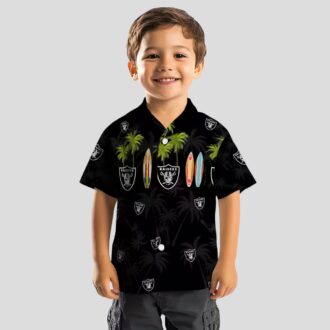 NFL Team Raiders Black Hawaiian Shirt - Palm Tree & Surfboard Print for Game Day