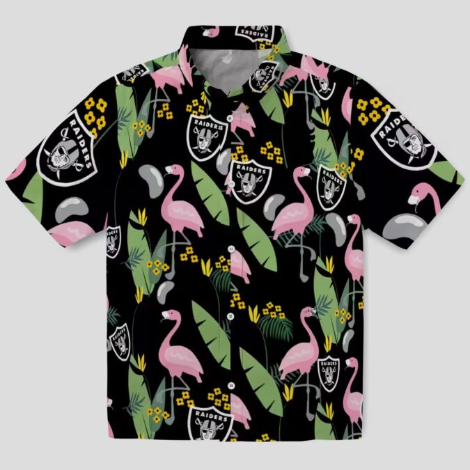 Raiders Hawaiian Shirt for Men, Black Flamingo & Palm Leaves NFL Outfit