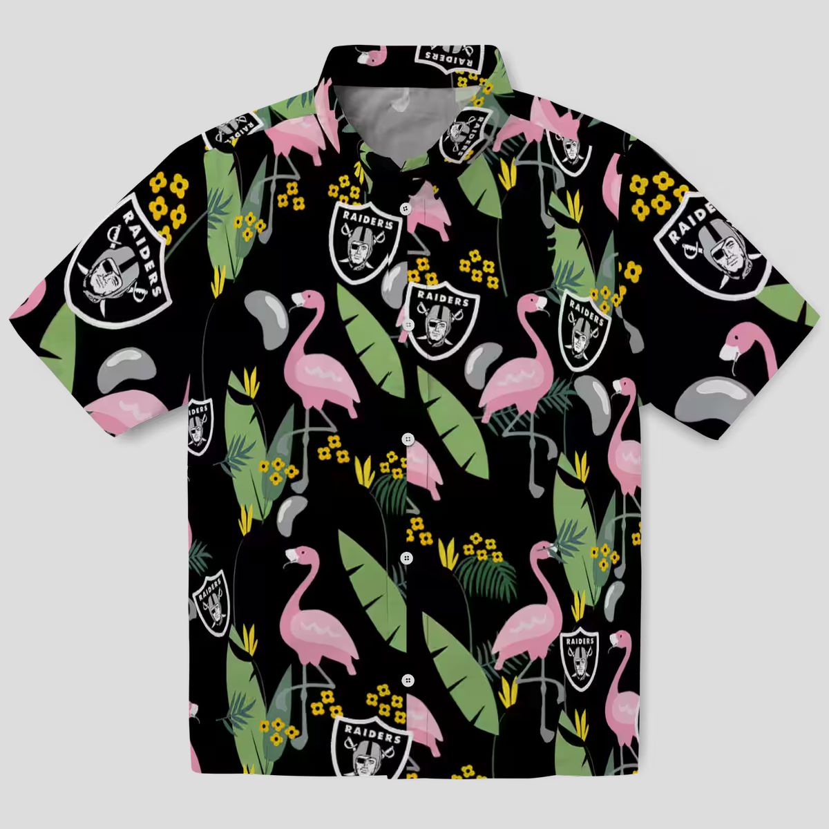 Raiders Hawaiian Shirt for Men, Black Flamingo & Palm Leaves NFL Outfit