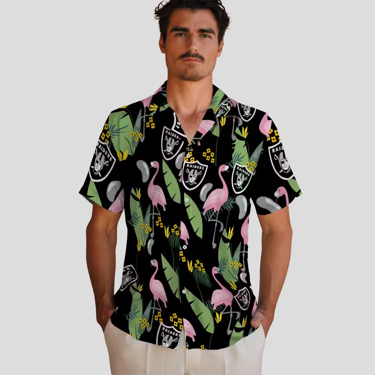 Raiders Hawaiian Shirt for Men, Black Flamingo & Palm Leaves NFL Outfit
