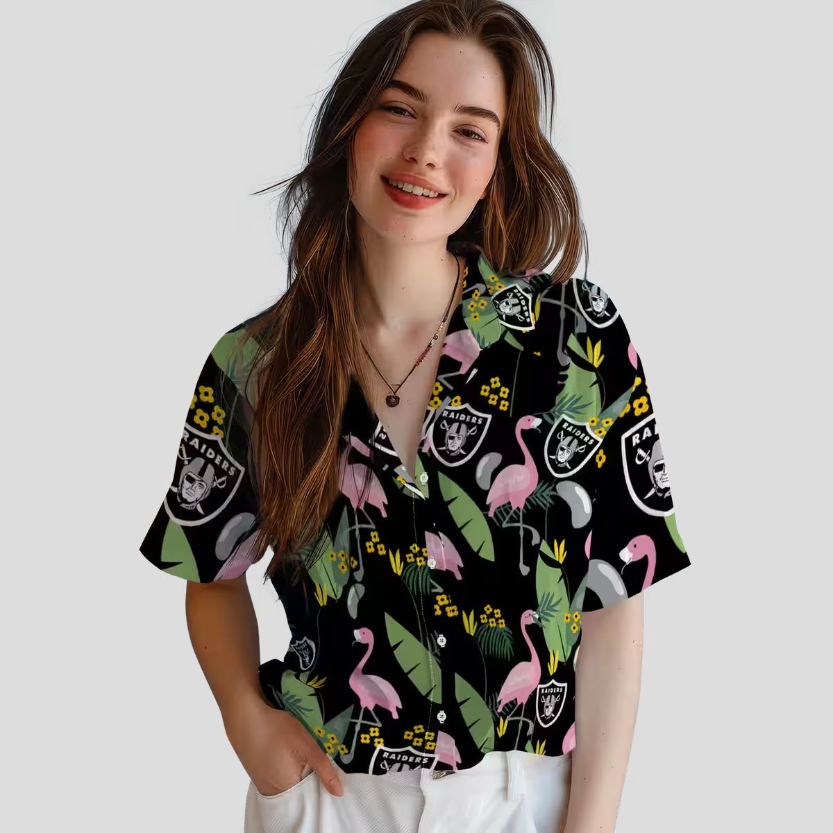Raiders Hawaiian Shirt for Men, Black Flamingo & Palm Leaves NFL Outfit