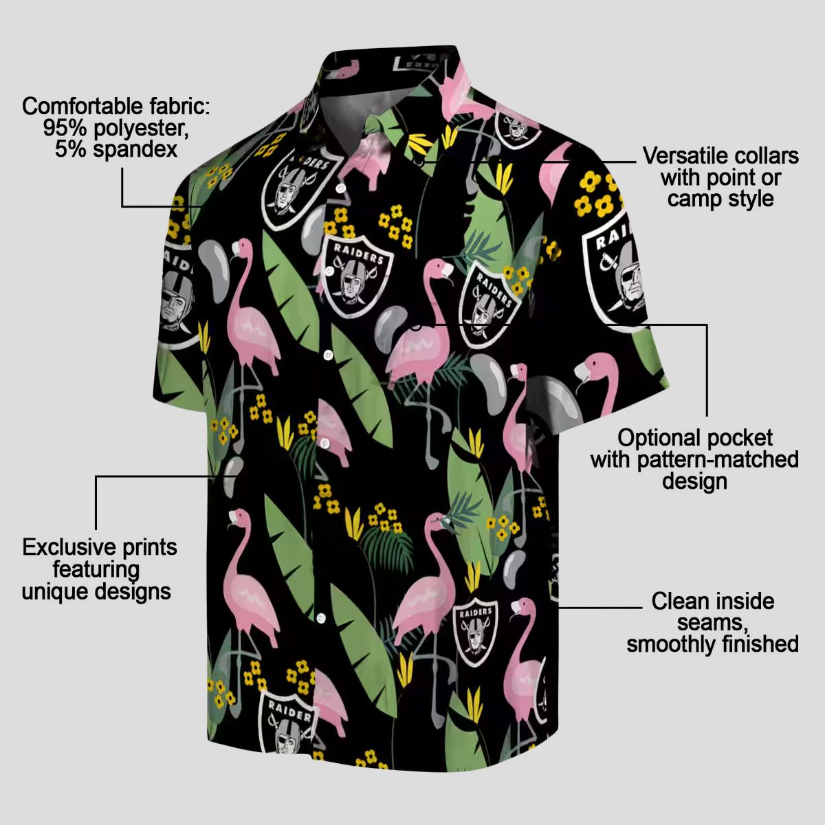 Raiders Hawaiian Shirt for Men, Black Flamingo & Palm Leaves NFL Outfit