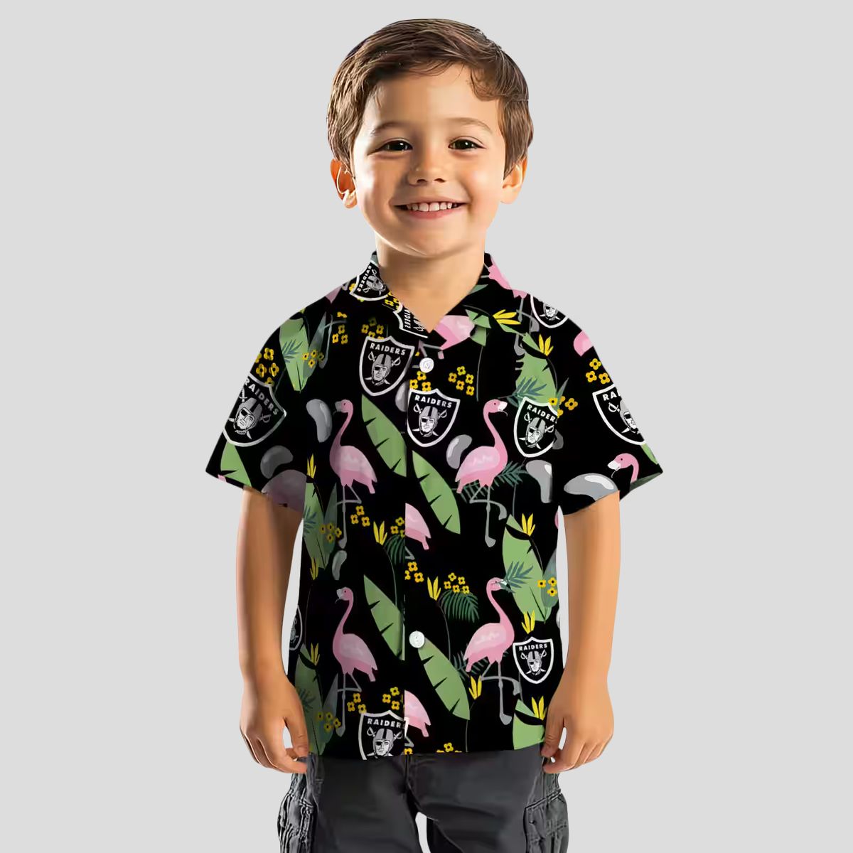 Raiders Hawaiian Shirt for Men, Black Flamingo & Palm Leaves NFL Outfit