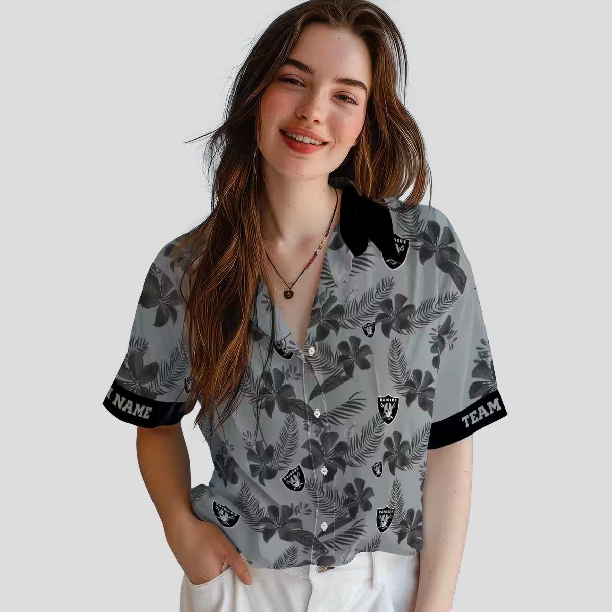 Silver Botanical Print Raiders Hawaiian Shirt, Custom NFL Aloha Summer Beach Outfit