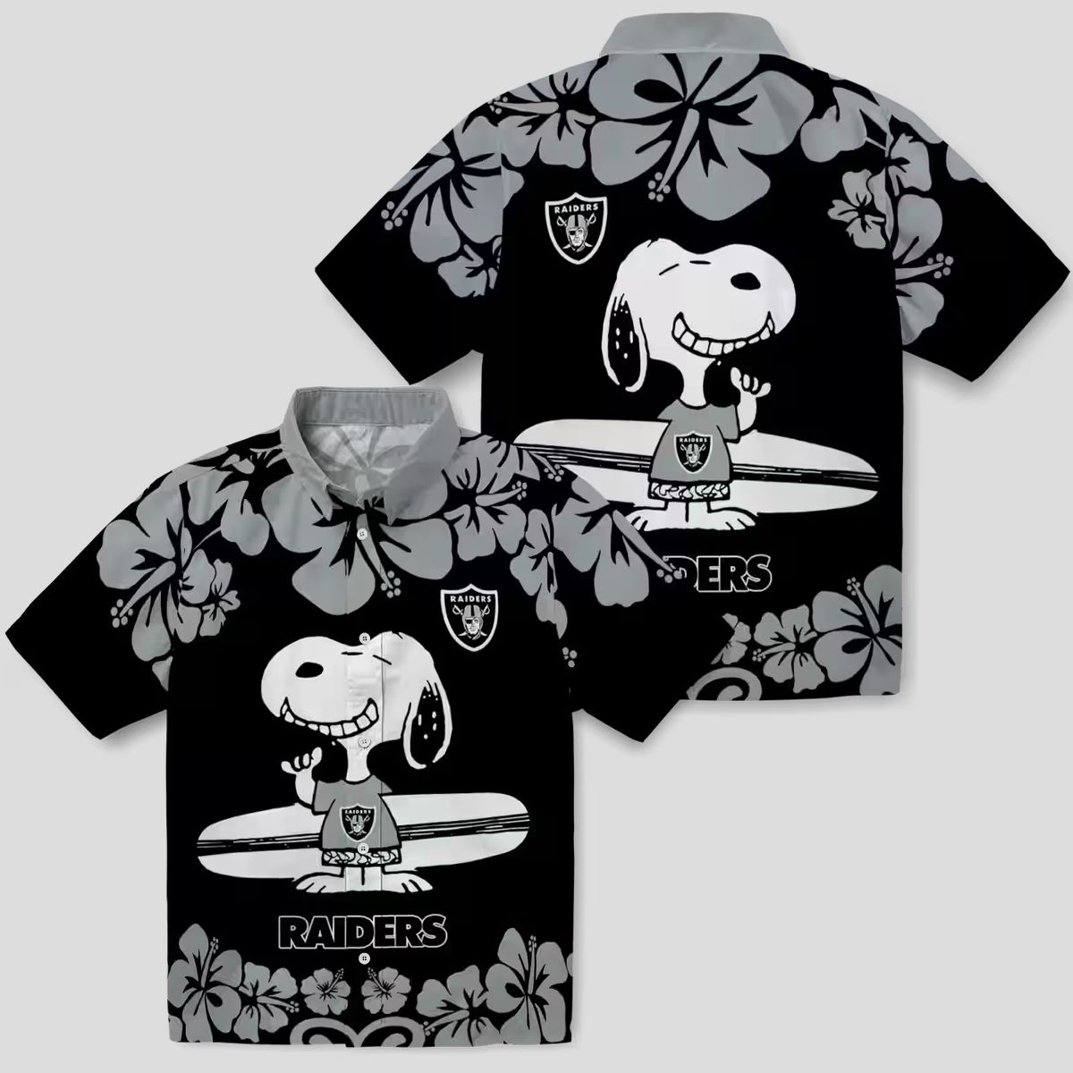 Snoopy Surf Las Vegas Raiders Hawaiian Shirt, Tropical Black & White NFL Apparel