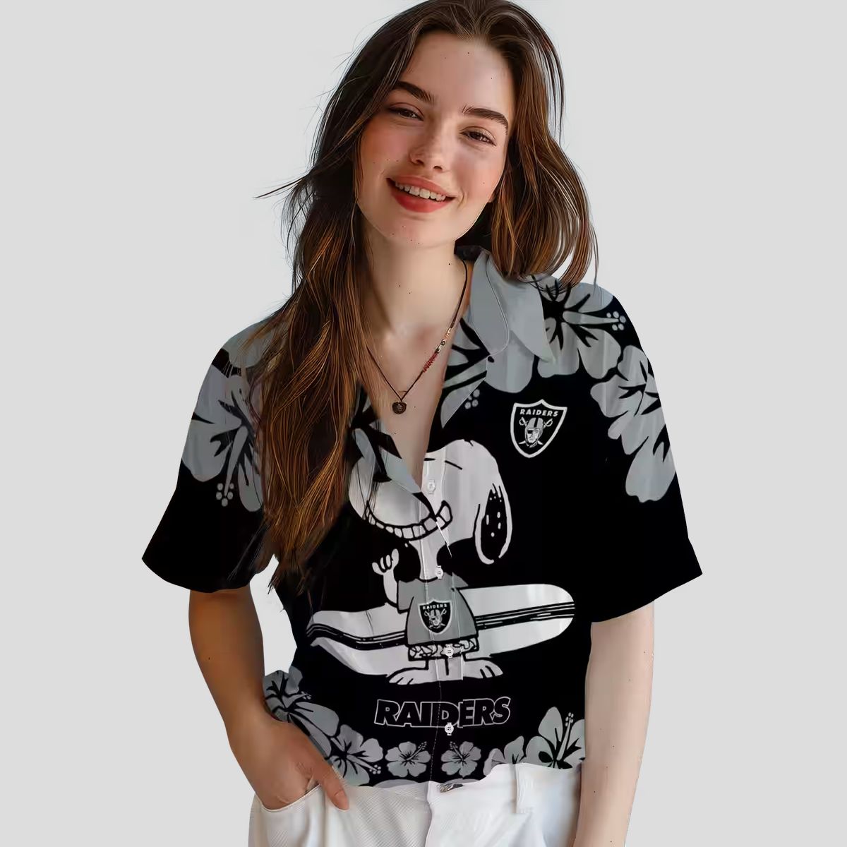 Snoopy Surf Las Vegas Raiders Hawaiian Shirt, Tropical Black & White NFL Apparel