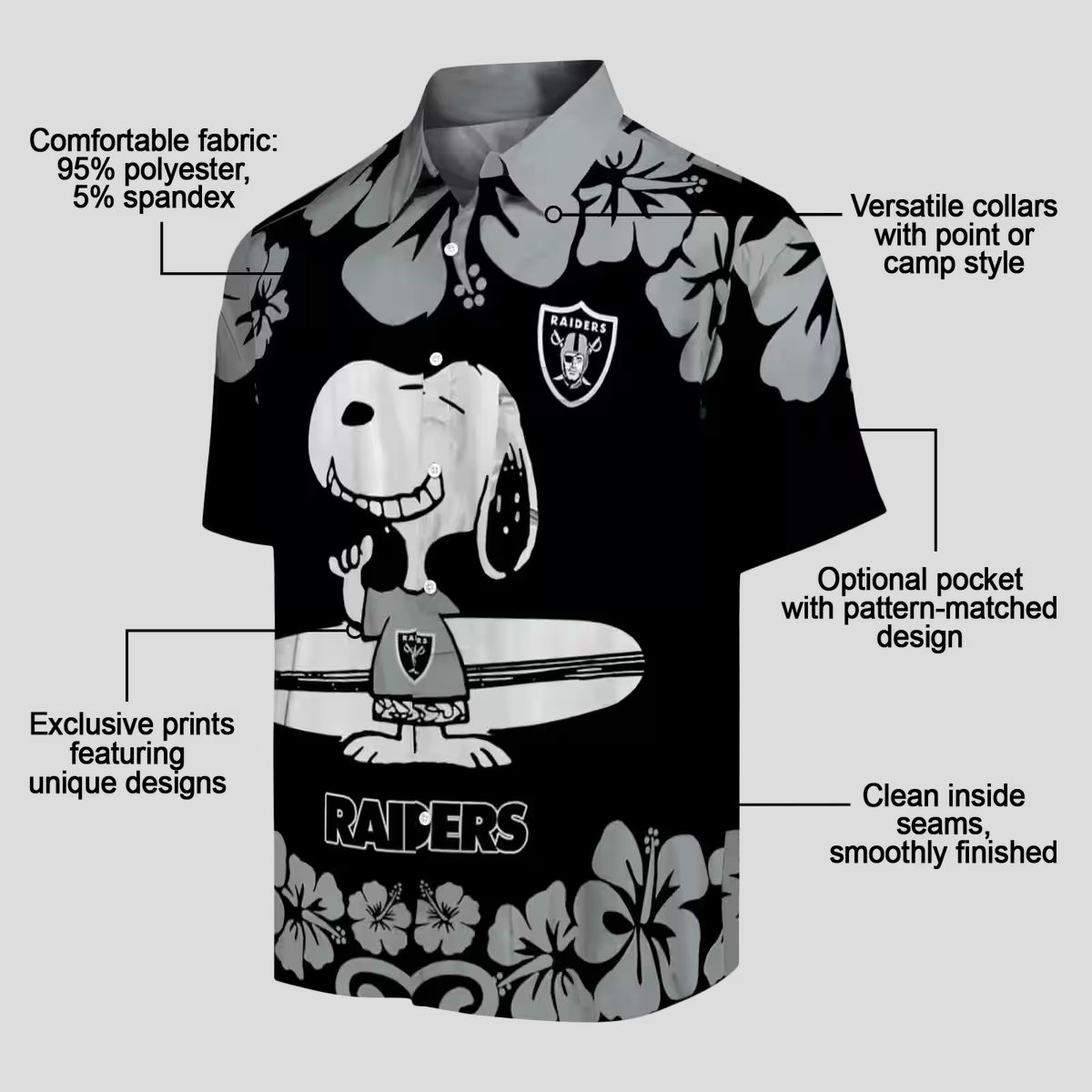 Snoopy Surf Las Vegas Raiders Hawaiian Shirt, Tropical Black & White NFL Apparel