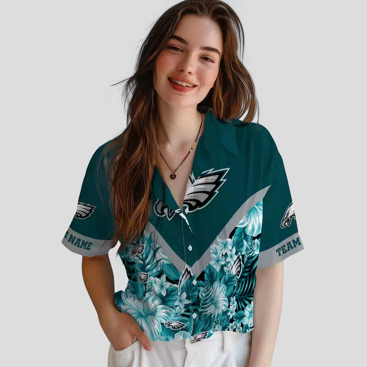 Custom NFL Philadelphia Eagles Tropical Hawaiian Shirt - Floral Chevron Green Design