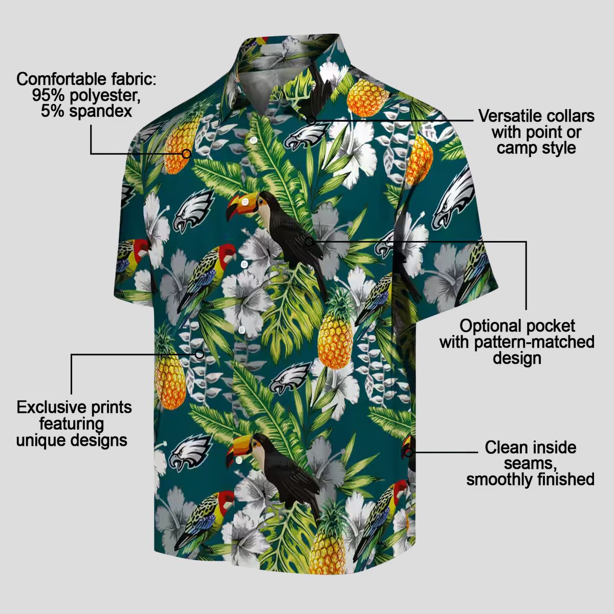 Custom Philadelphia Eagles Aloha Hawaiian Shirt, Green Tropical Toucan Shirt
