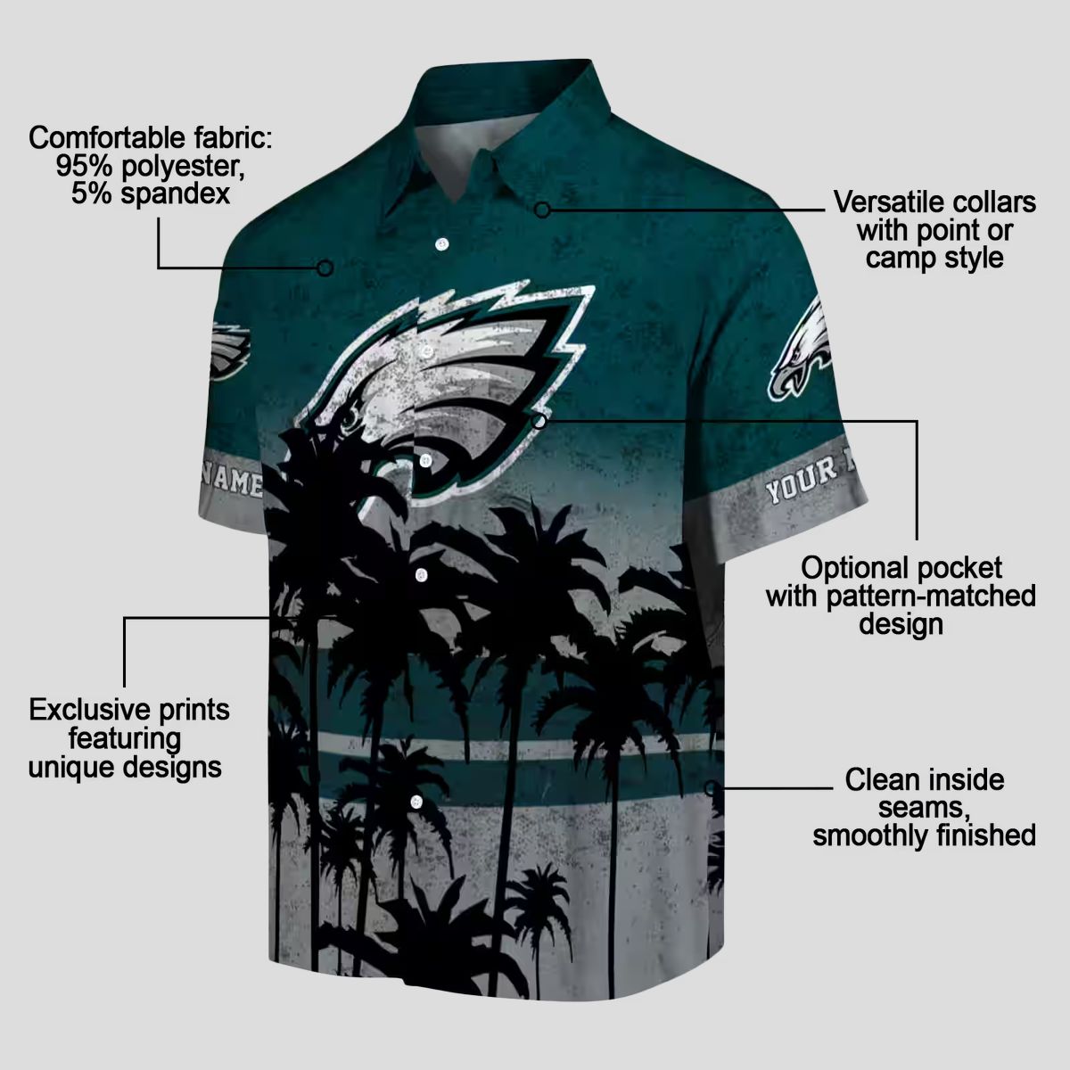 Green & Black Philadelphia Eagles Hawaiian Shirt, Sunset Beach NFL Fan Apparel