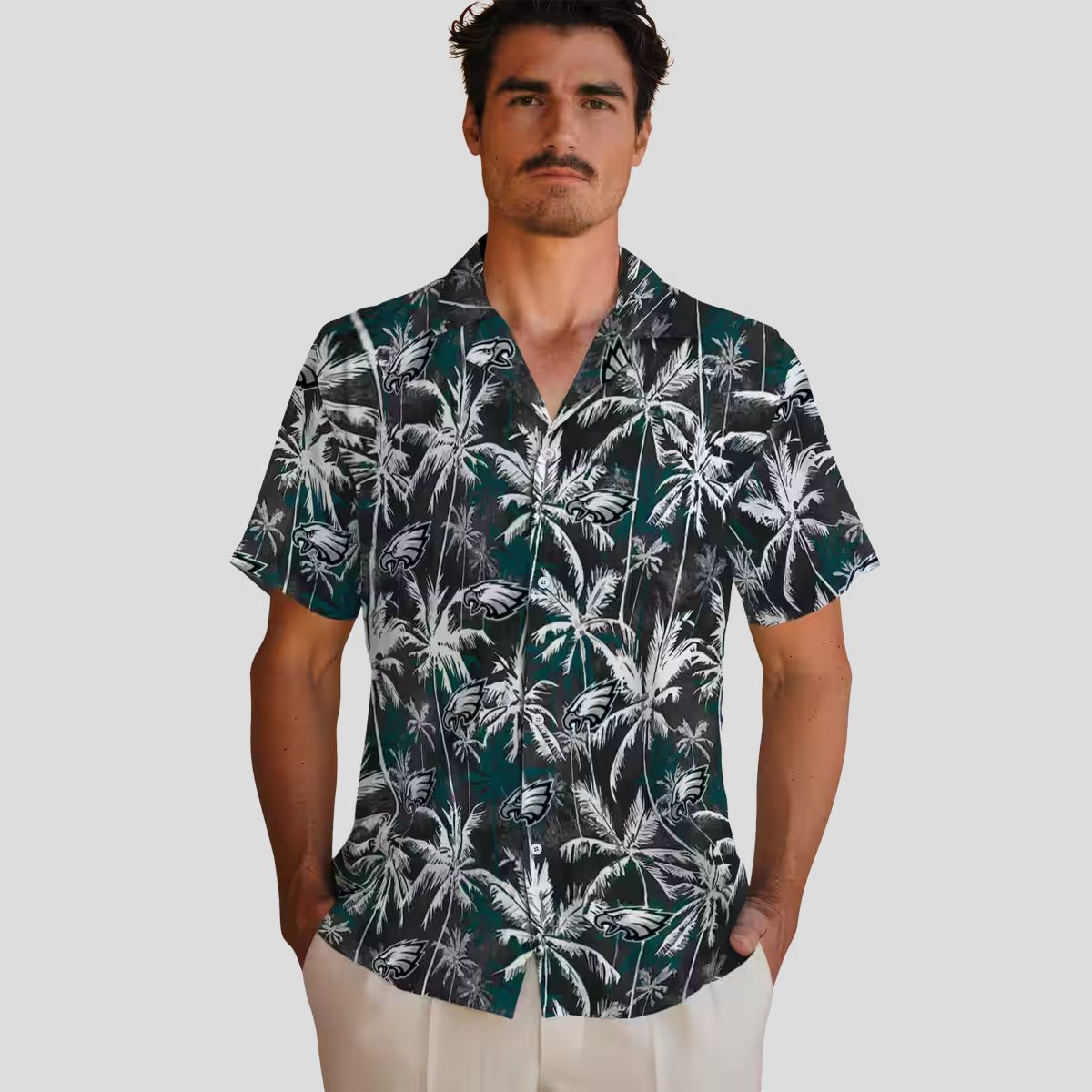 Green Black Philadelphia Eagles Aloha Shirt - Palm Print NFL Hawaiian Style