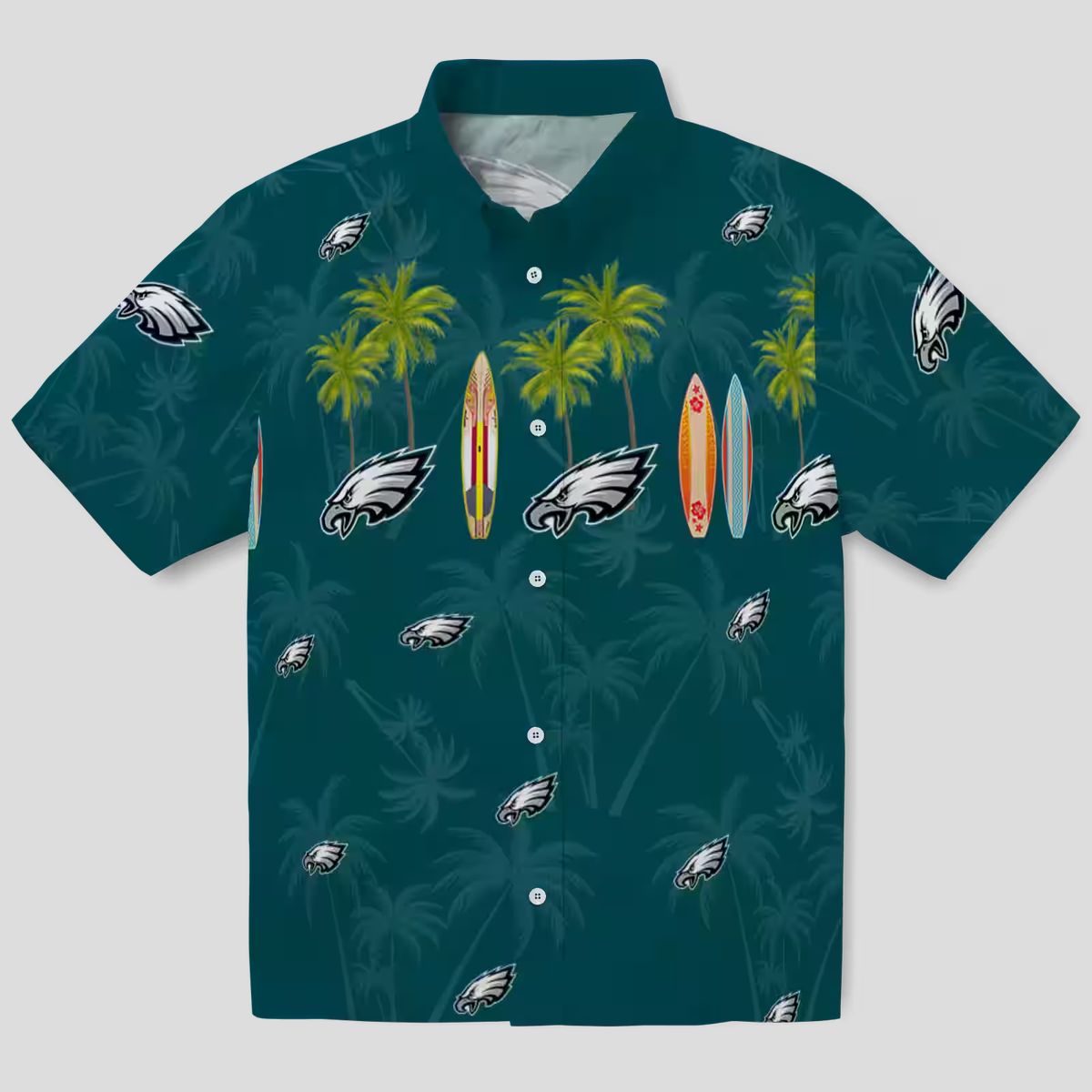 Men's Philadelphia Eagles Surfboard Hawaiian Shirt, Tropical Palm Green NFL Beach Shirt