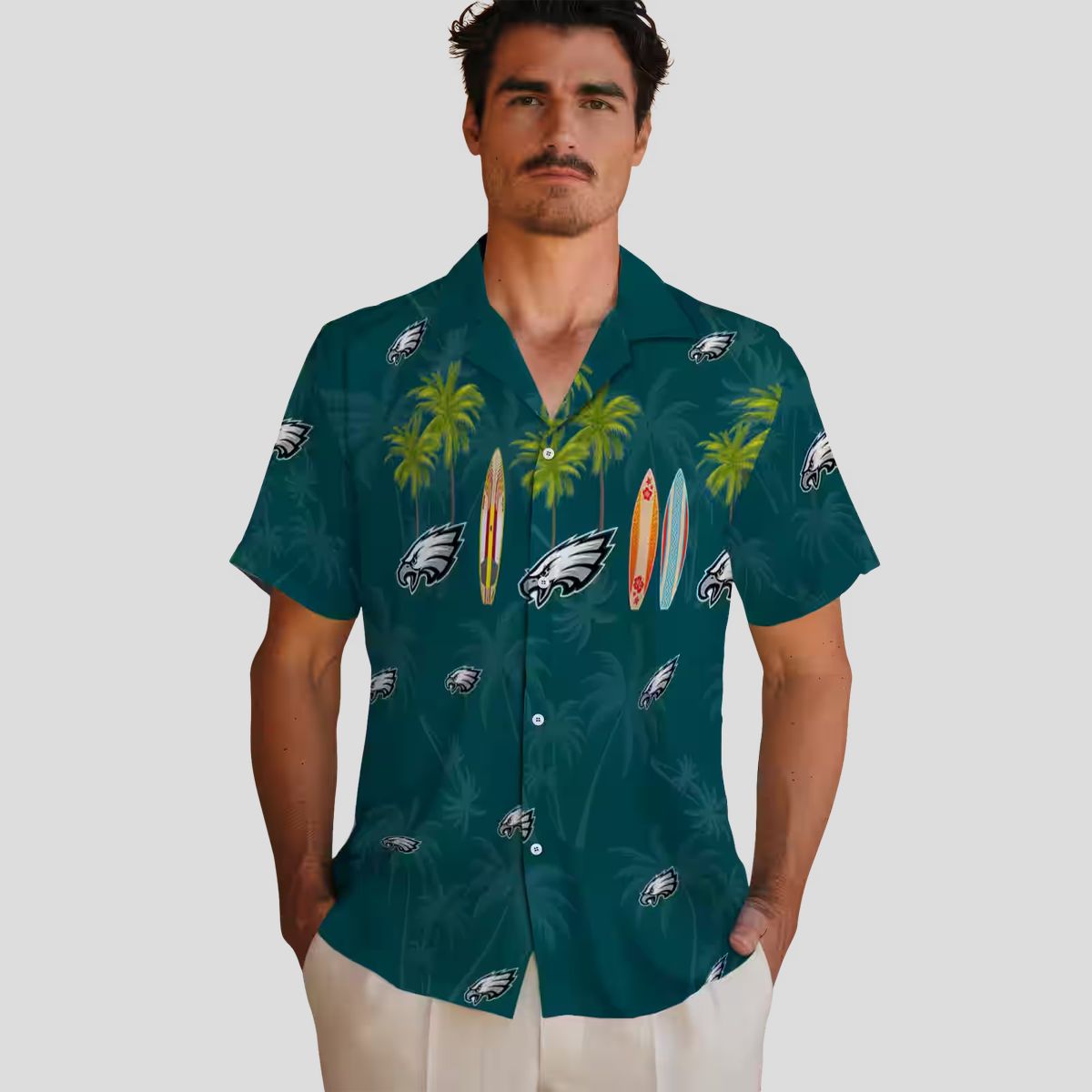 Men's Philadelphia Eagles Surfboard Hawaiian Shirt, Tropical Palm Green NFL Beach Shirt