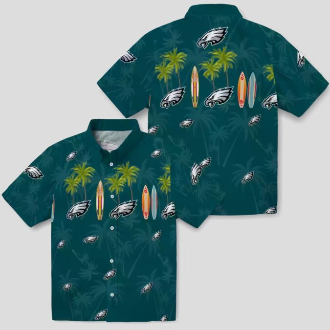 Men's Philadelphia Eagles Surfboard Hawaiian Shirt, Tropical Palm Green NFL Beach Shirt