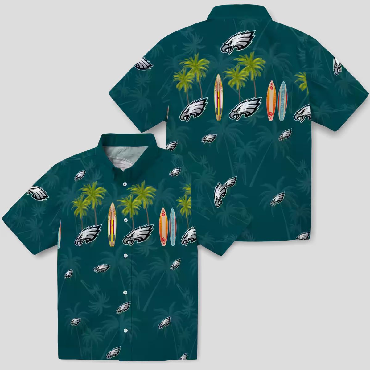 Men's Philadelphia Eagles Surfboard Hawaiian Shirt, Tropical Palm Green NFL Beach Shirt