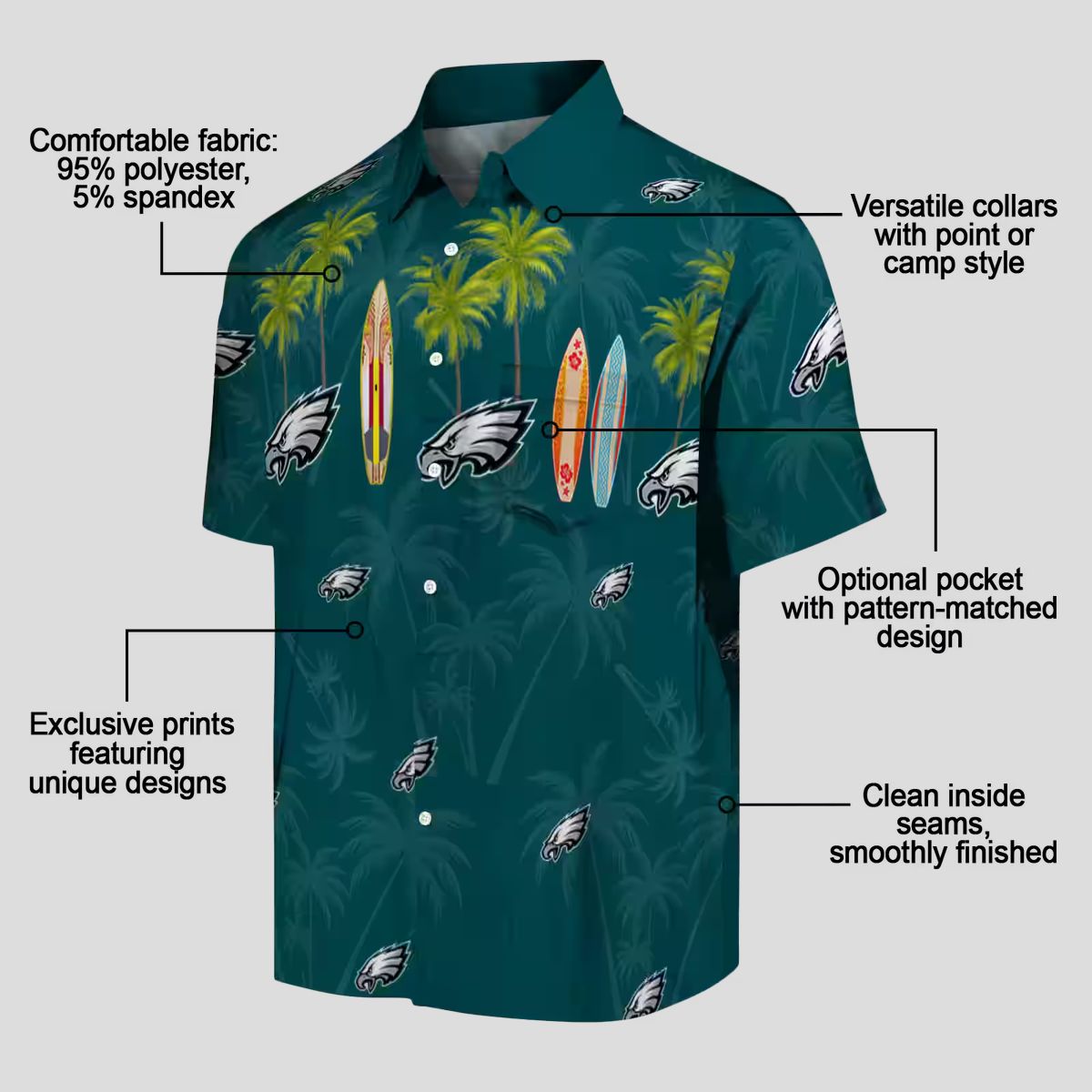 Men's Philadelphia Eagles Surfboard Hawaiian Shirt, Tropical Palm Green NFL Beach Shirt