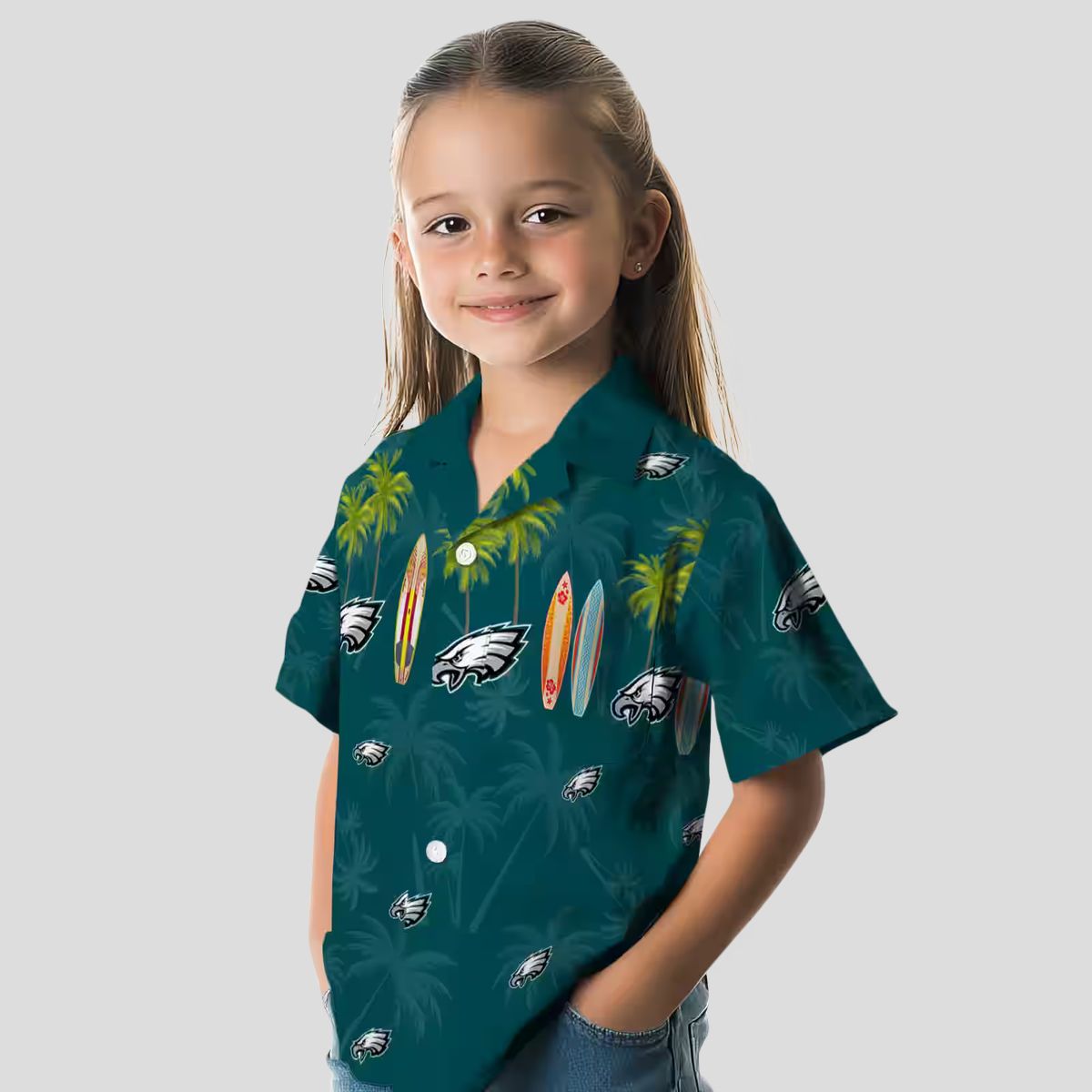 Men's Philadelphia Eagles Surfboard Hawaiian Shirt, Tropical Palm Green NFL Beach Shirt