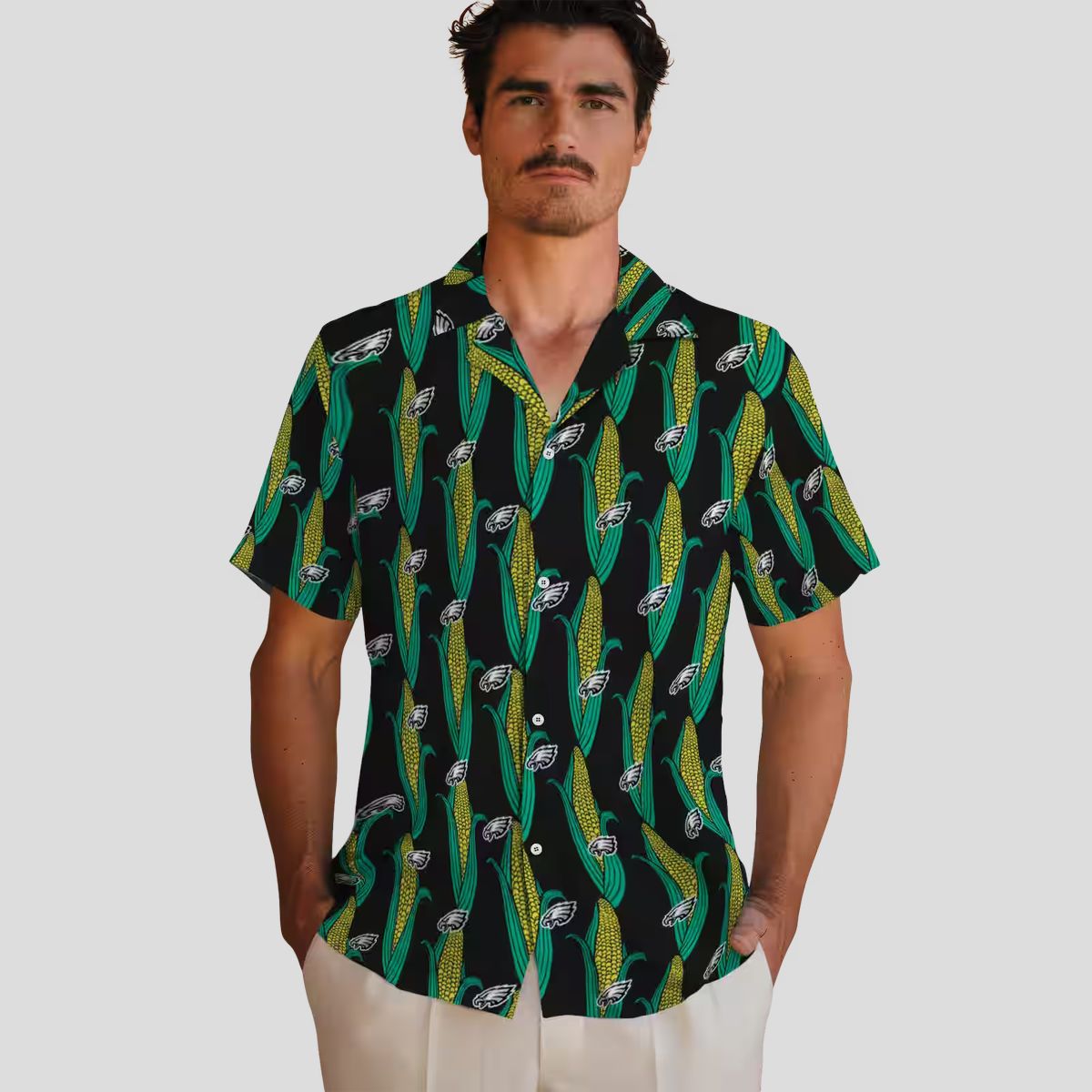 NFL Philadelphia Eagles Black Green Hawaiian Shirt - Corn Motif Beach & Game Day Apparel