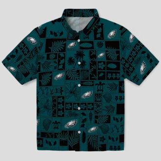 NFL Philadelphia Eagles Patchwork Hawaiian Shirt - Green & Black Tropical Floral Style