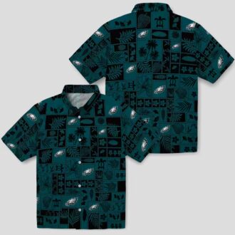 NFL Philadelphia Eagles Patchwork Hawaiian Shirt - Green & Black Tropical Floral Style