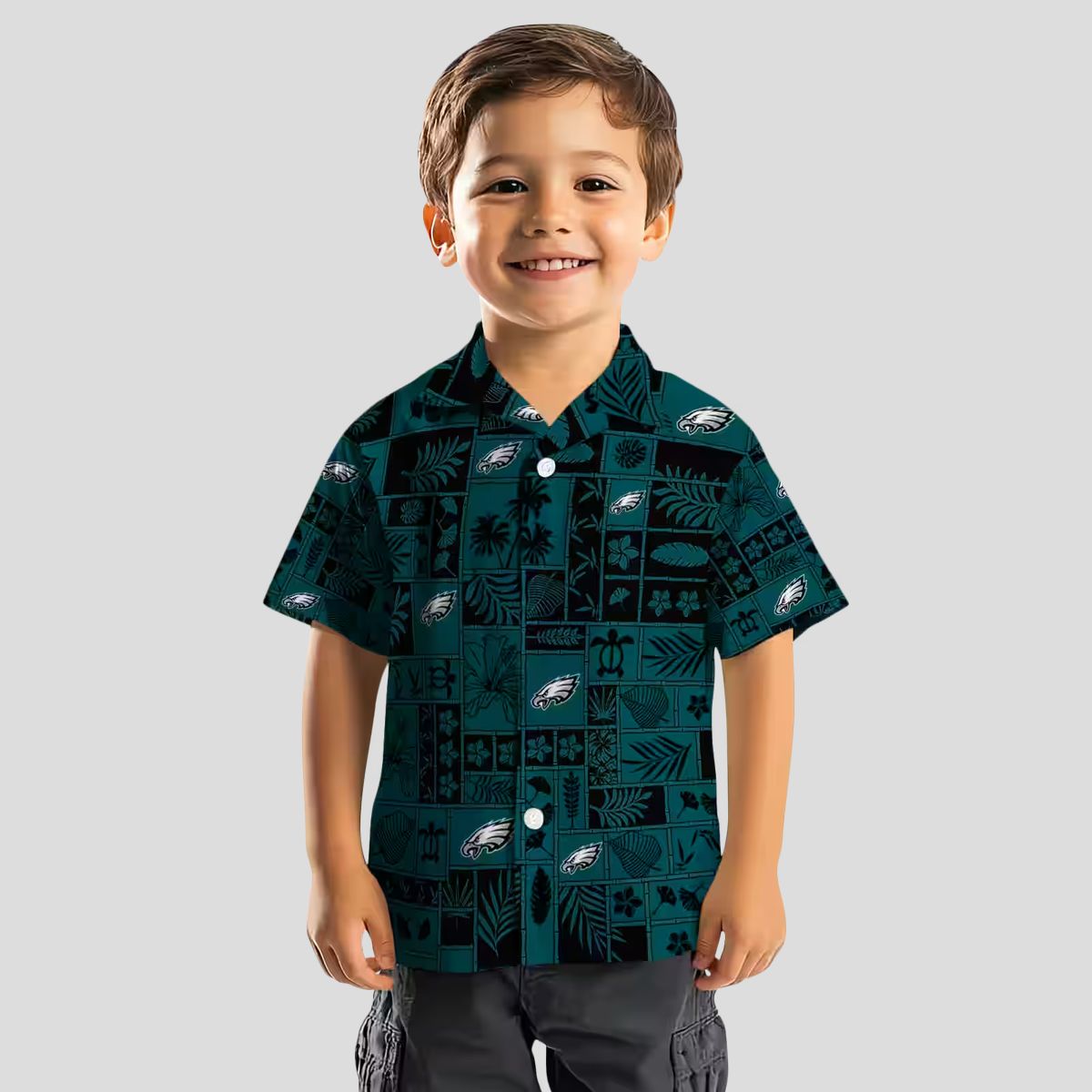 NFL Philadelphia Eagles Patchwork Hawaiian Shirt - Green & Black Tropical Floral Style
