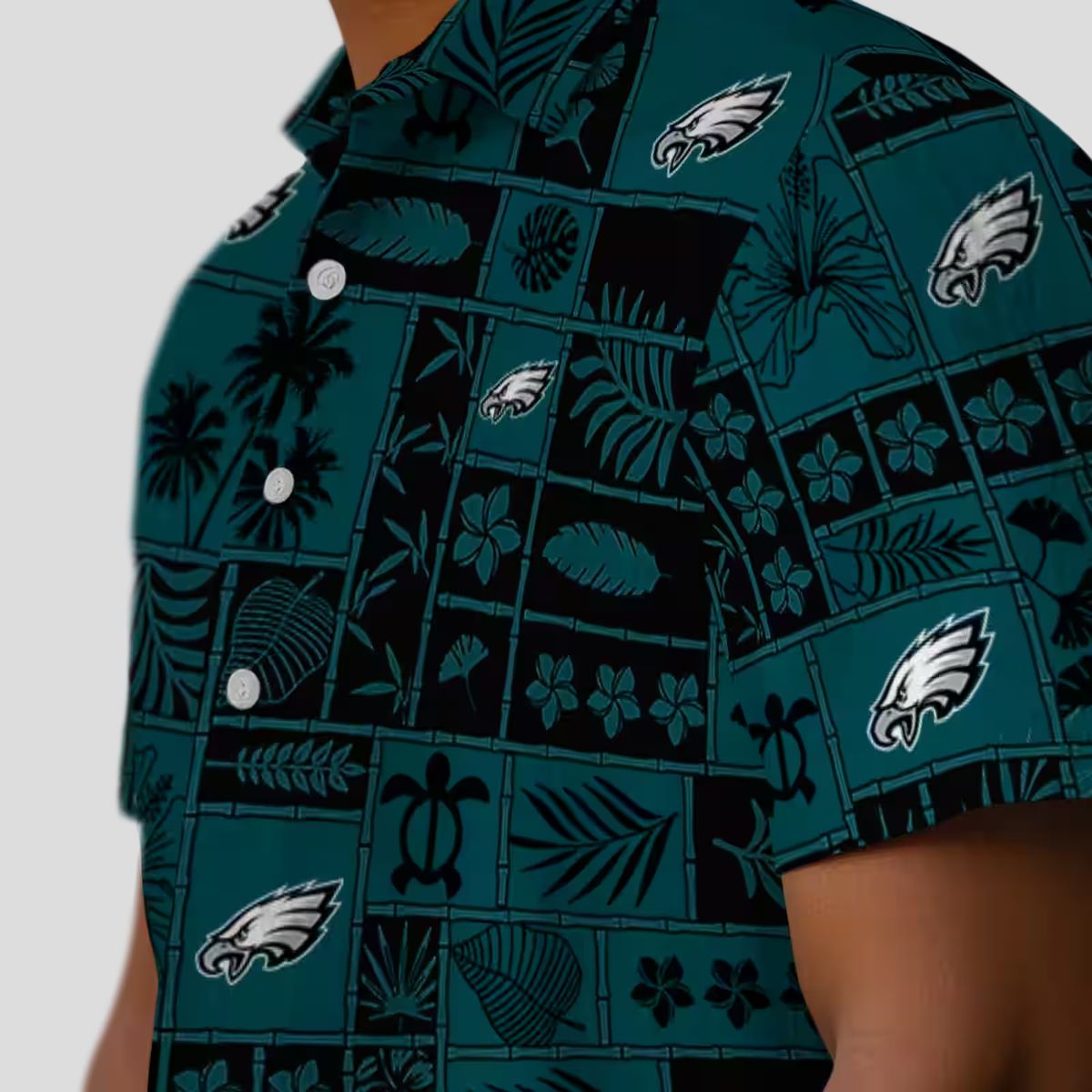 NFL Philadelphia Eagles Patchwork Hawaiian Shirt - Green & Black Tropical Floral Style