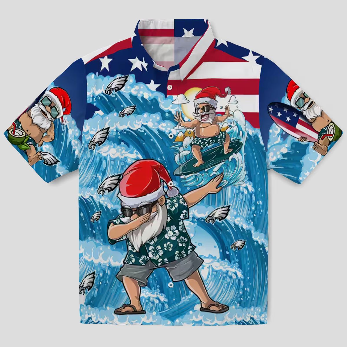 NFL Philadelphia Eagles Surfing Santa Hawaiian Shirt, Blue Tropical Aloha Button Up