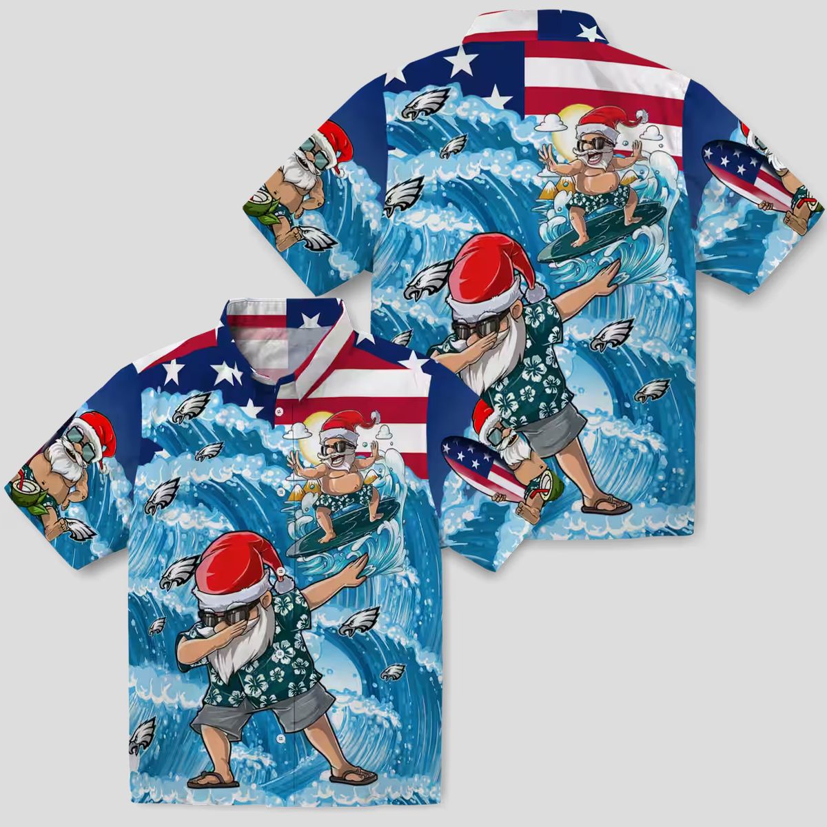 NFL Philadelphia Eagles Surfing Santa Hawaiian Shirt, Blue Tropical Aloha Button Up