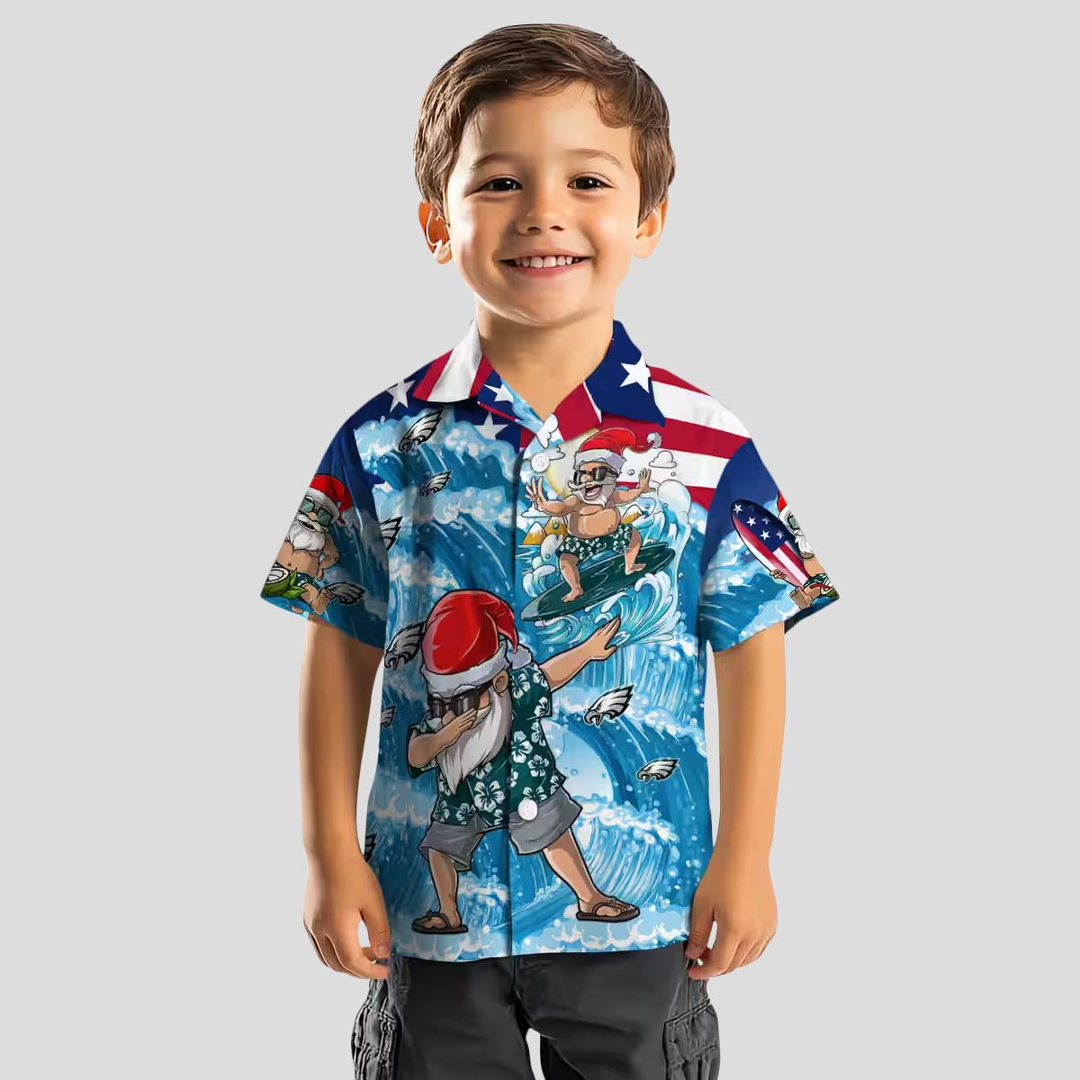 NFL Philadelphia Eagles Surfing Santa Hawaiian Shirt, Blue Tropical Aloha Button Up