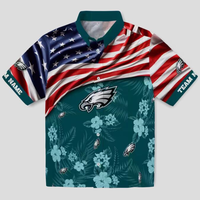 Philadelphia Eagles Aloha Shirt, US Flag Hibiscus Floral Hawaiian Shirt for Football Fans