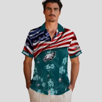 Philadelphia Eagles Aloha Shirt, US Flag Hibiscus Floral Hawaiian Shirt for Football Fans