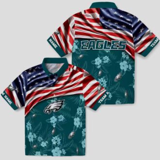 Philadelphia Eagles Aloha Shirt, US Flag Hibiscus Floral Hawaiian Shirt for Football Fans