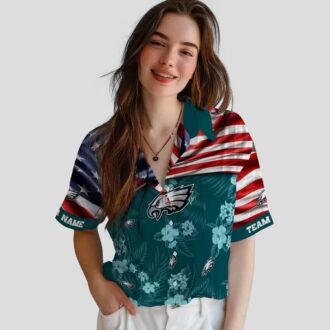 Philadelphia Eagles Aloha Shirt, US Flag Hibiscus Floral Hawaiian Shirt for Football Fans