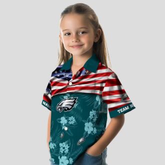 Philadelphia Eagles Aloha Shirt, US Flag Hibiscus Floral Hawaiian Shirt for Football Fans