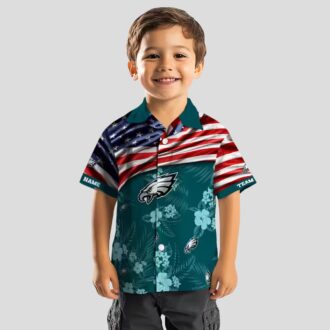 Philadelphia Eagles Aloha Shirt, US Flag Hibiscus Floral Hawaiian Shirt for Football Fans